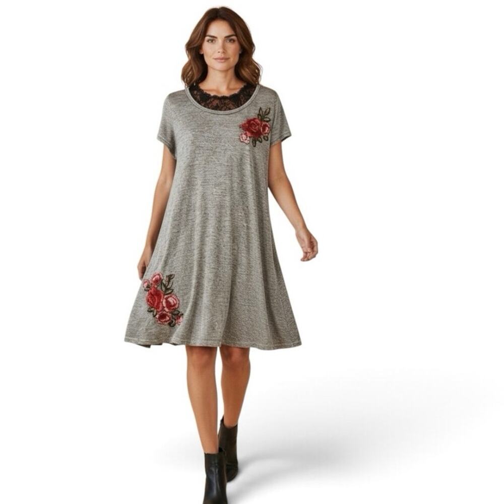 French Atmosphere Women’s Gray Floral Patch Stretch Dress Rayon Bld Size Medium